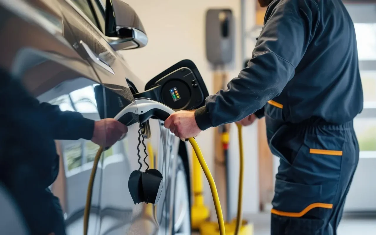 Carro elétrico com funcionário a fazer inspeção